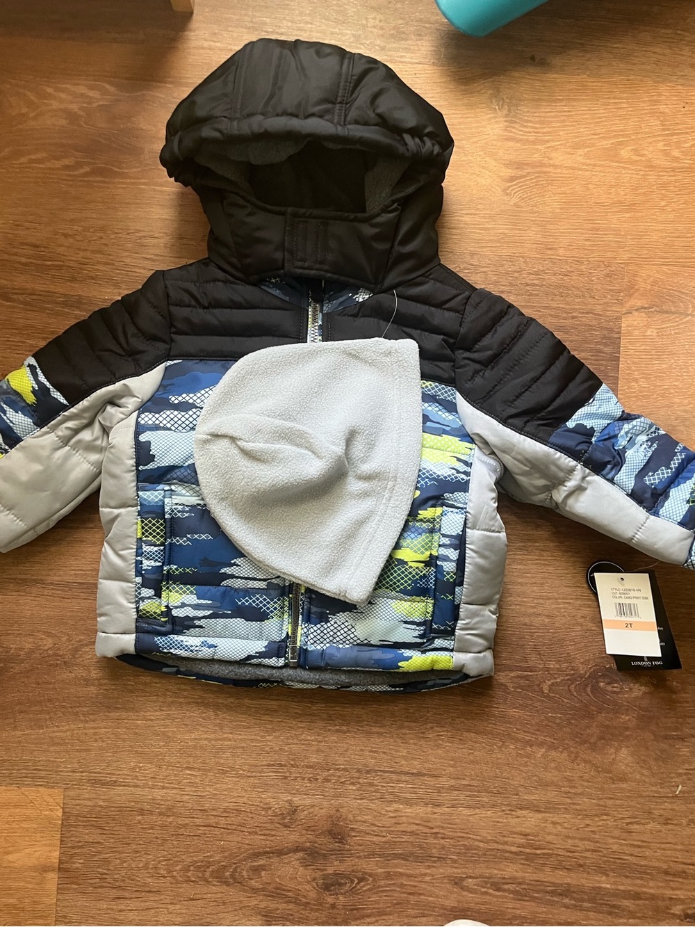 London Fog Toddler Puffer Jacket with Beanie - Blue, Gray & Lime Accent 2T